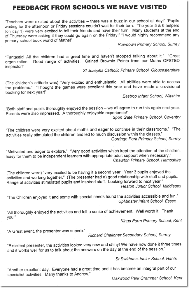 Testimonial feedback from an UK School for World of Math Testimonial feedback from an UK School for World of Math